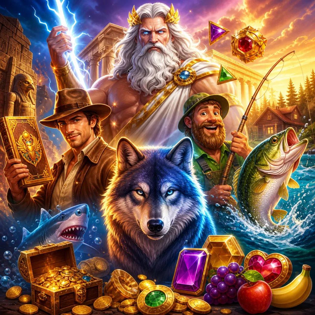 Vibrant slot game artwork featuring fantasy characters and mythical landscapes, showcasing a premium iGaming experience at NV